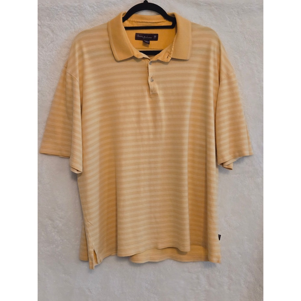 Tommy Bahama 18 Golf Men XL Polo Shirt Silk Cotton Yellow Striped Palm‎ Tree